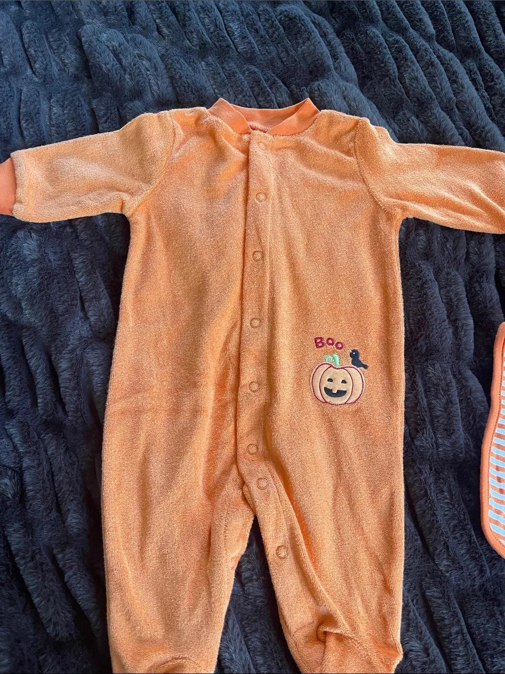 child of mine Orange Pumpkin Footie with Striped Bib